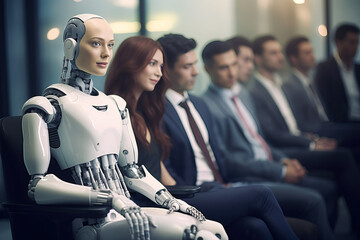 Humanoid robot with female face sits in office with other candidates and waits for job interview. Artificial intelligence and human resources in modern corporate recruiting. AI and humans competition