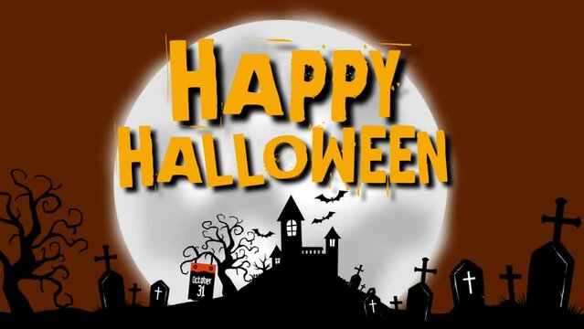 animated video with a bright moon-themed Halloween background with spooky shadows of houses and trees