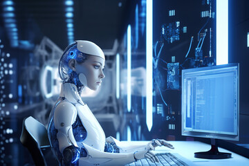 In a futuristic lab, a female humanoid robot with artificial intelligence works at a computer. The future of AI and robotics