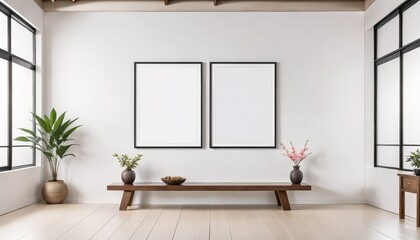 Mockup of two blank picture frames hanging on a wall above a bench in a living room