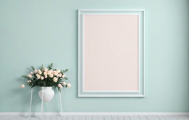 blank white picture frame hanging on a light green wall above a floor