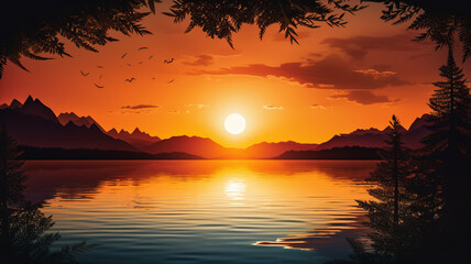 Fototapeta na wymiar Paper-cut sunset by the water