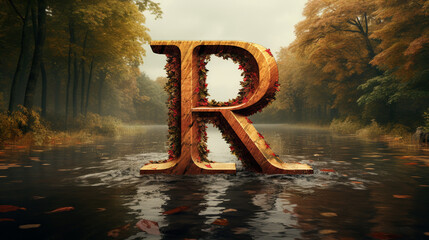 Wooden letter R in the autumn forest. 3D rendering.