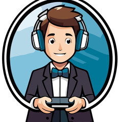 man in suit playing video games 