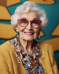 A beautiful elderly woman is fashionably dressed. Generative AI.