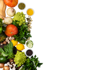 Organic colorful vegetables on isolated png background copy space flat lay presentation frame banner