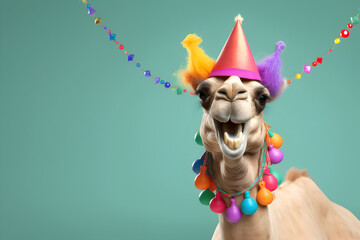 Creative animal concept. Camel in party cone hat necklace bowtie outfit isolated on solid pastel background advertisement, copy text space. birthday party invite invitation