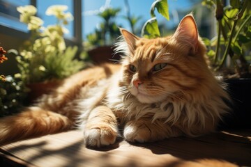 Obraz premium Sleepy Cat Sunbathing in Bliss