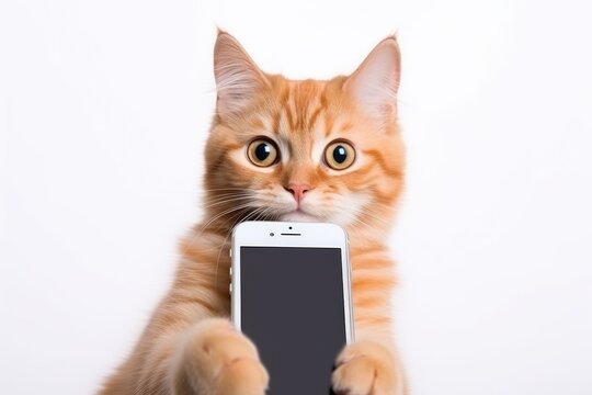 a Adorable cat holding a phone while looking at the camera