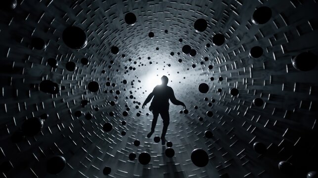 Person surrounded by a vortex of black spheres, paranoia and depression concept.