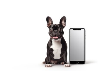 Dog holding phone on white background