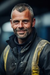 Obraz premium Candid close up natural outdoor portrait of an average looking modern middle aged smiling industrial worker