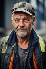 Candid close up natural outdoor portrait of an average looking modern middle aged smiling industrial worker