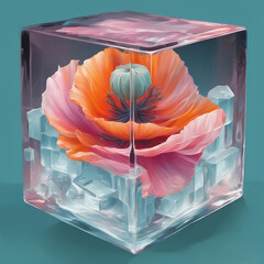 Poppy flower in an ice cube. Generative AI.