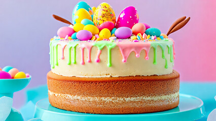 Colorful birthday cake with sweets and chocolate on a plain background.