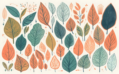 Fototapeta premium Pastel-colored leaves and branches on white background, Generative AI