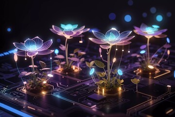 beautiful glowing flower plants growing on cities representing digital technology