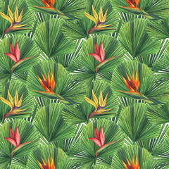 Fototapeta premium Seamless endless tropical pattern. Pink yellow orange strelitzia flower, bird of paradise, licuala leaf. Hand-drawn watercolor illustration white background. For textiles, wrapping paper, wallpaper