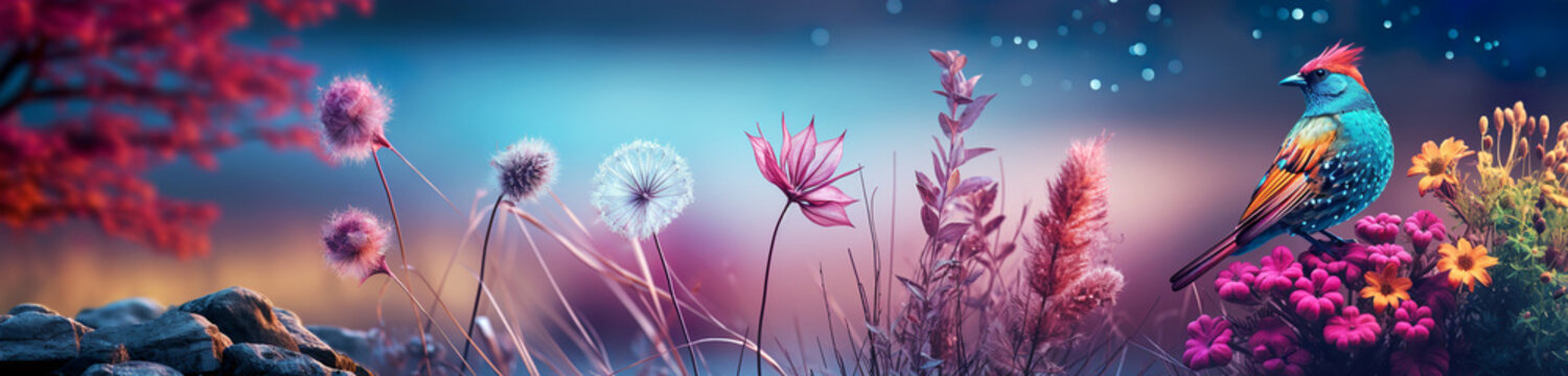 Pink panoramic nature scene with dandelions, plants and a very colorful bird. The concept of tranquility. AI generated.