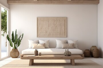 Blank wall mockup close up in home interior background, Boho style, 3d render