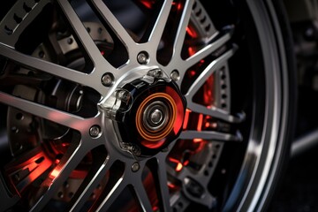 Close up of a modern sport wheel with red brake, rim of sports car