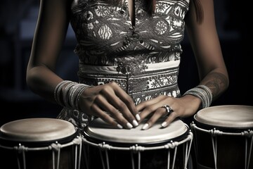 Close up of hands of a woman playing a drum. Black-white