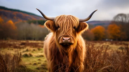 Papier Peint photo Highlander écossais highland cow with horns
