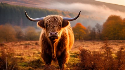 Crédence de cuisine en verre imprimé Highlander écossais bull in the sunset