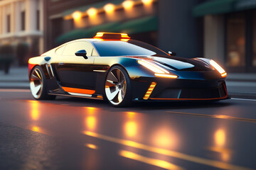 Beautiful futuristic car. Future electric sports car parked on modern city, town background, and...