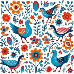 Folk art scandinavian colourful pattern with flowers and birds
