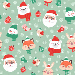 Christmas seamless pattern with cute funny characters for Christmas and New Year celebration. Colorful festive background - 645788710