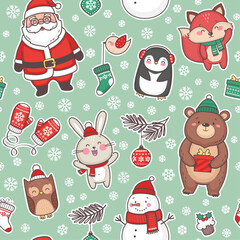Christmas seamless pattern with cute funny characters for Christmas and New Year celebration. Colorful festive background