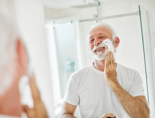 man bathroom shaving senior beard care morning hygiene razor beauty shave skin face hair old mirror...