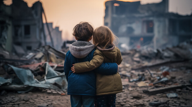 Poor little kids orphans hugging together with ruins of destroyed house and city from war in background conflict area at Ukraine. Effect from war humanity mankind loss and waste concept. Generative AI