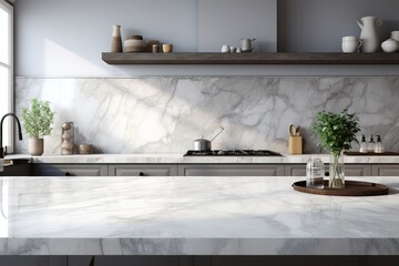Close-up Marble granite kitchen counter island for product display on modern bright and clean kitchen space. 3d rendering, 3d illustration