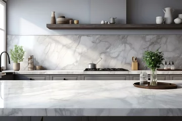 Foto op Aluminium Close-up Marble granite kitchen counter island for product display on modern bright and clean kitchen space. 3d rendering, 3d illustration © Parvez