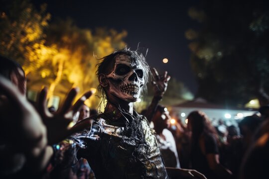 a man in a skeleton costume on Halloween.