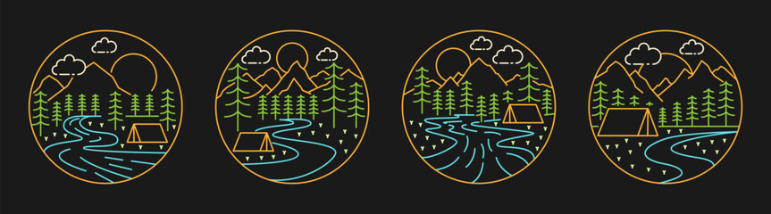 Collection of camping and mountain illustration with monoline or line art style black background, design can be for t-shirts, sticker, printing needs
