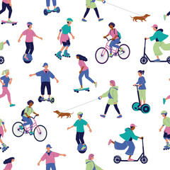 Seamless vector pattern of the outdoor activities in flat style on the white background.People running,walking dog,roller skating,skateboarding,bicycling, using electric scooter, monocycle,hoverboard.