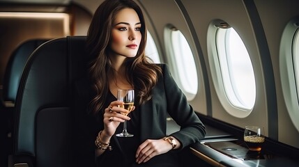 Fototapeta premium Woman with dark hair in elegant cloth at business class plane