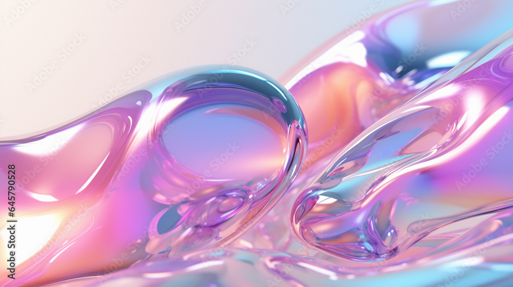 Poster 3D illustration of holographic surface made of glass with chromatic aberrations. Iridescent abstract background.