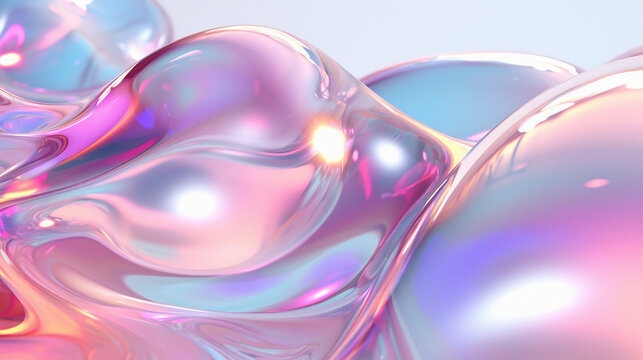 3D illustration of holographic surface made of glass with chromatic aberrations. Iridescent abstract background.
