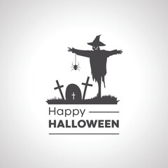 happy halloween icon with Cemetery silhouette graveyard with scarecrow