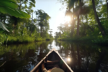 Sailing in a boat through the flooded forest in Amazon. View from the boat at Amazon river, with a dense forest on the shore and blue sky. POV wooden boat. Generative AI