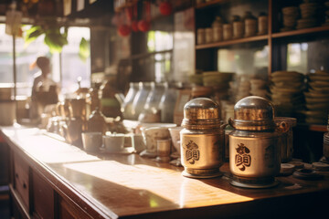 Fototapeta na wymiar Traditional Chinese Tea shop, counter. Natural dry drink in glass jars