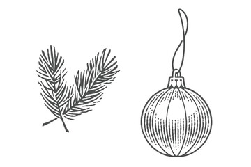 Christmas tree ball, ornament. Sprig of spruce. Christmas decoration. Hand drawn engraving style illustrations.