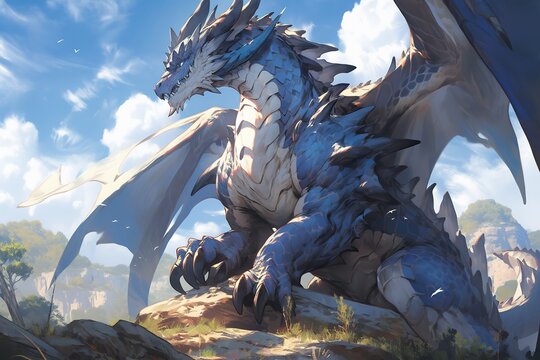 Great dragon sitting on a rock,realistic high quality image in day light
