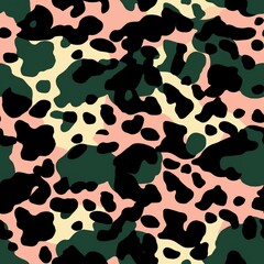 Camouflage seamless pattern. A mix of leopard and camouflage, a combination of pink, green and yellow. Stylish graphics. For design in the textile industry, packaging, printing products.