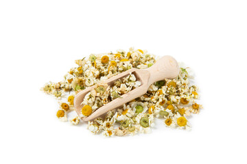 Dry chamomile flowers isolated on white background. Soothing chamomile tea. Herbal drink. flat layout. Medical prevention and immune concept. Folk alternative medicine.
