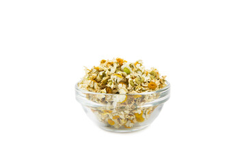 Dry chamomile flowers isolated on white background. Soothing chamomile tea. Herbal drink. flat layout. Medical prevention and immune concept. Folk alternative medicine.